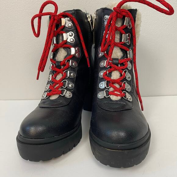 Nine West Quimbie 3 Heeled Sherpa Hiker Boots Leather Zip Red Laces Size 6M - Picture 6 of 9